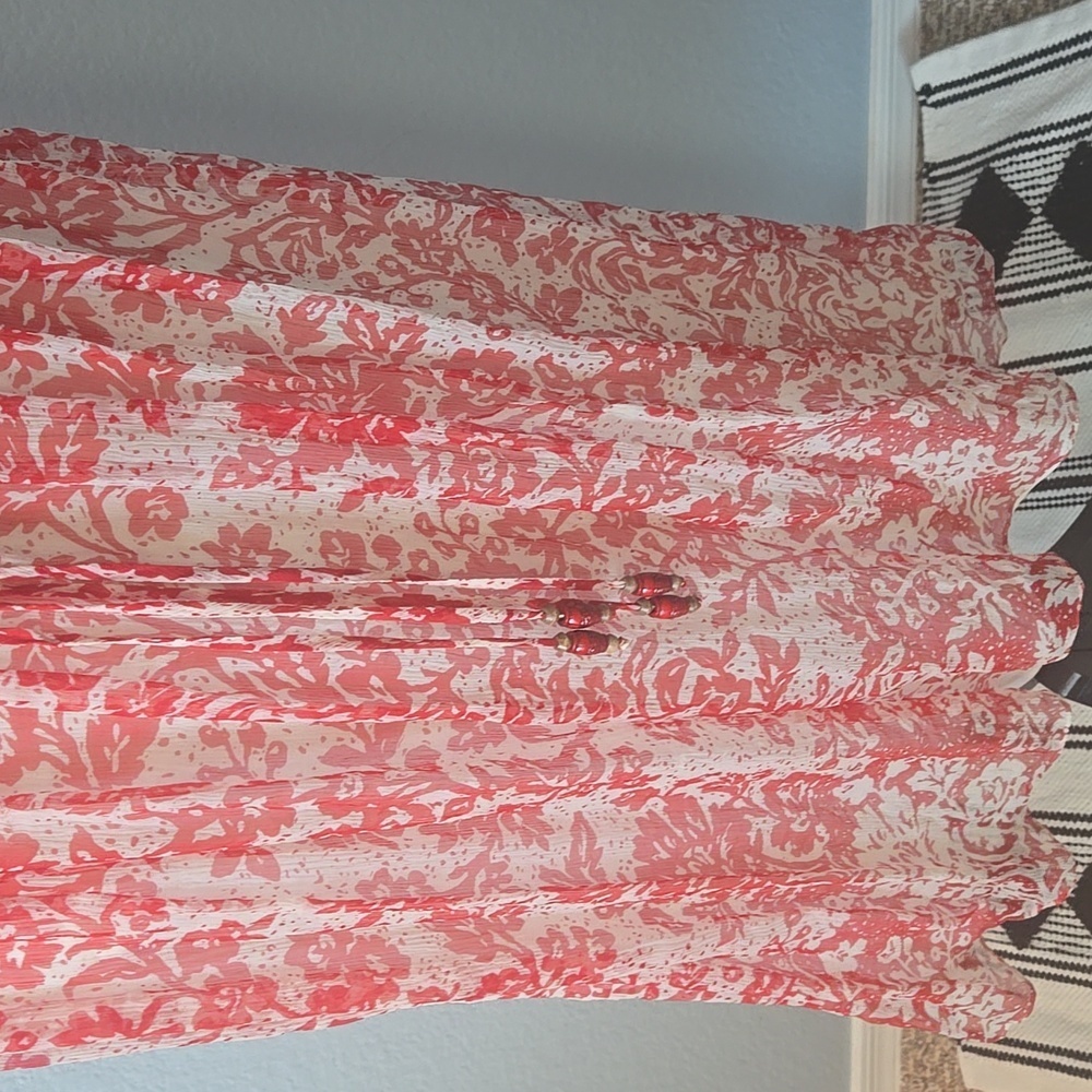 LAUNDRY BY SHELLI SEGAL Red Floral Midi Dress Ruched Waist Silk Sleeveless Sz 10 - Picture 4 of 13